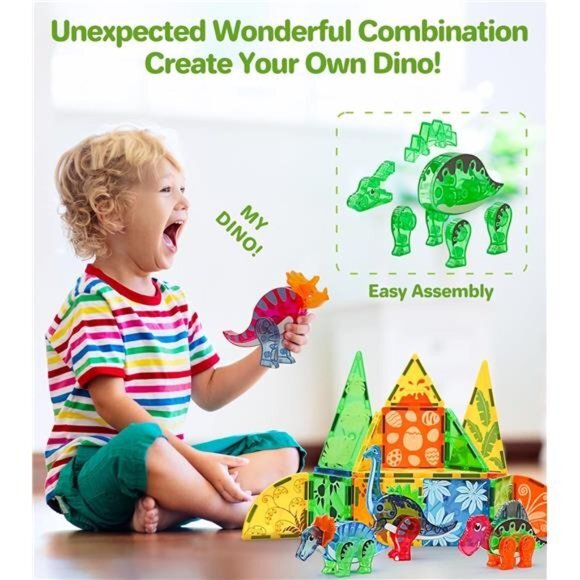 Magnetic Tiles Dinosaurs Magnet Building Blocks Toys for Kids Ages 3-5 4-8 8-12 - Picture 3 of 7